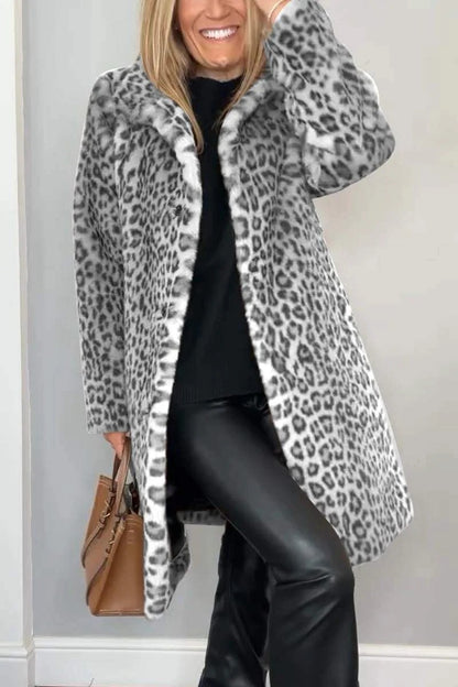 Fall Winter Leopard Print Plush Mid-length Coat