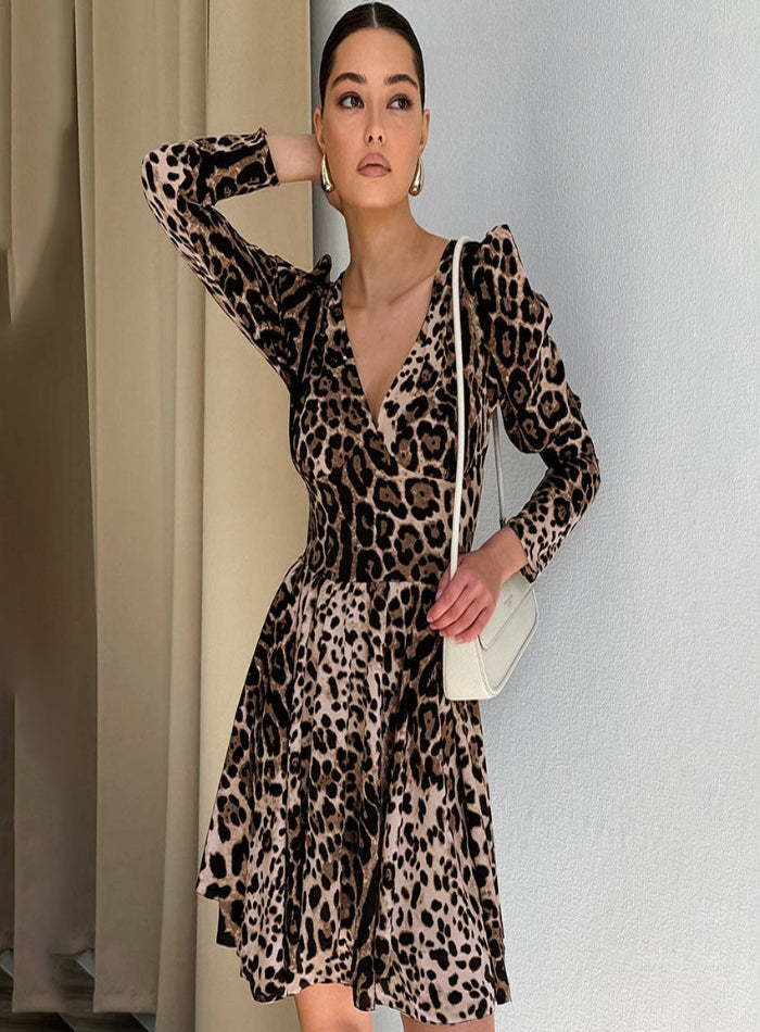 Leopard Print V-neck Slim Fit Dress Niche Long Sleeve Women