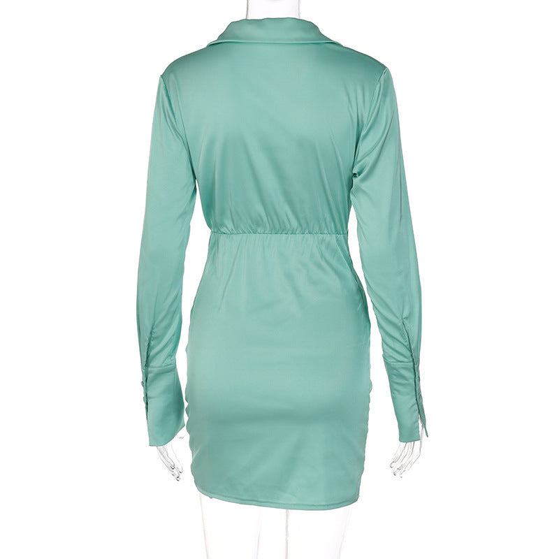 Women's V-Neck Ruched Solid Long Sleeve Dress