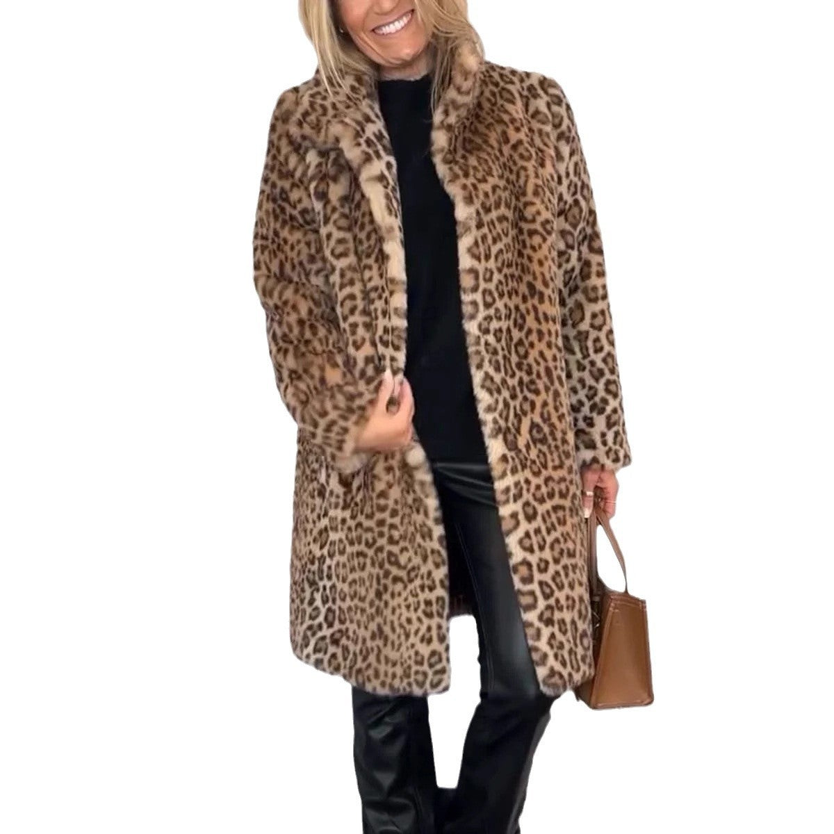 Fall Winter Leopard Print Plush Mid-length Coat