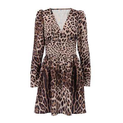 Leopard Print V-neck Slim Fit Dress Niche Long Sleeve Women