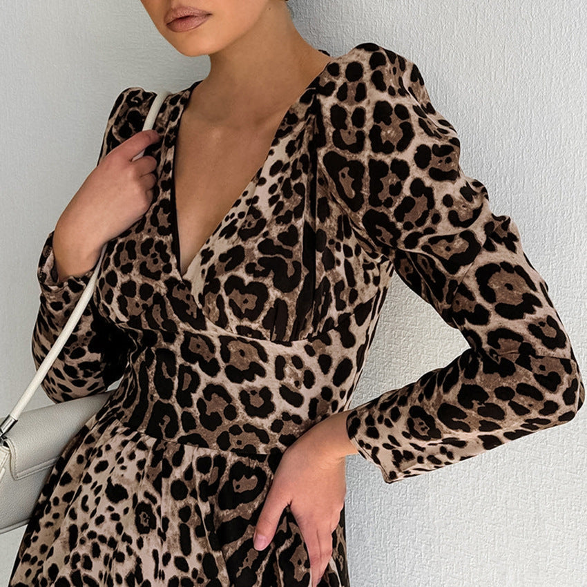 Leopard Print V-neck Slim Fit Dress Niche Long Sleeve Women