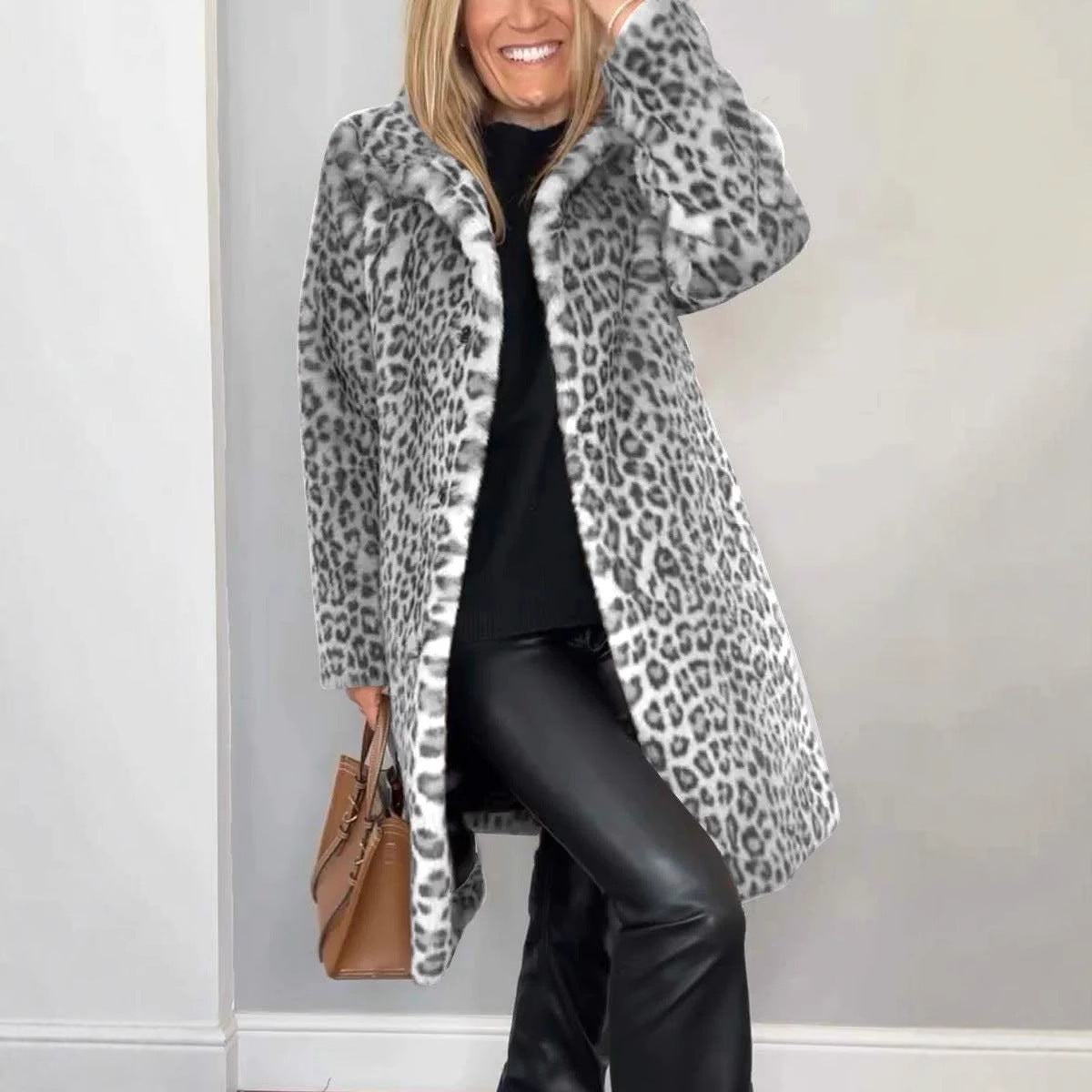 Fall Winter Leopard Print Plush Mid-length Coat