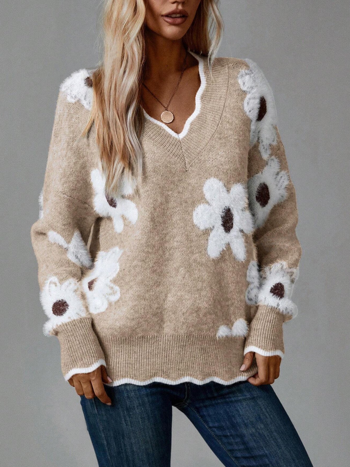 Pull en Tricot avec Col en Dentelle