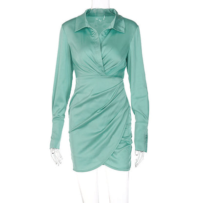 Women's V-Neck Ruched Solid Long Sleeve Dress