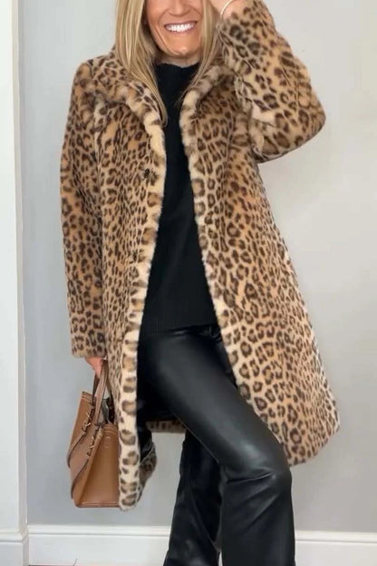 Fall Winter Leopard Print Plush Mid-length Coat